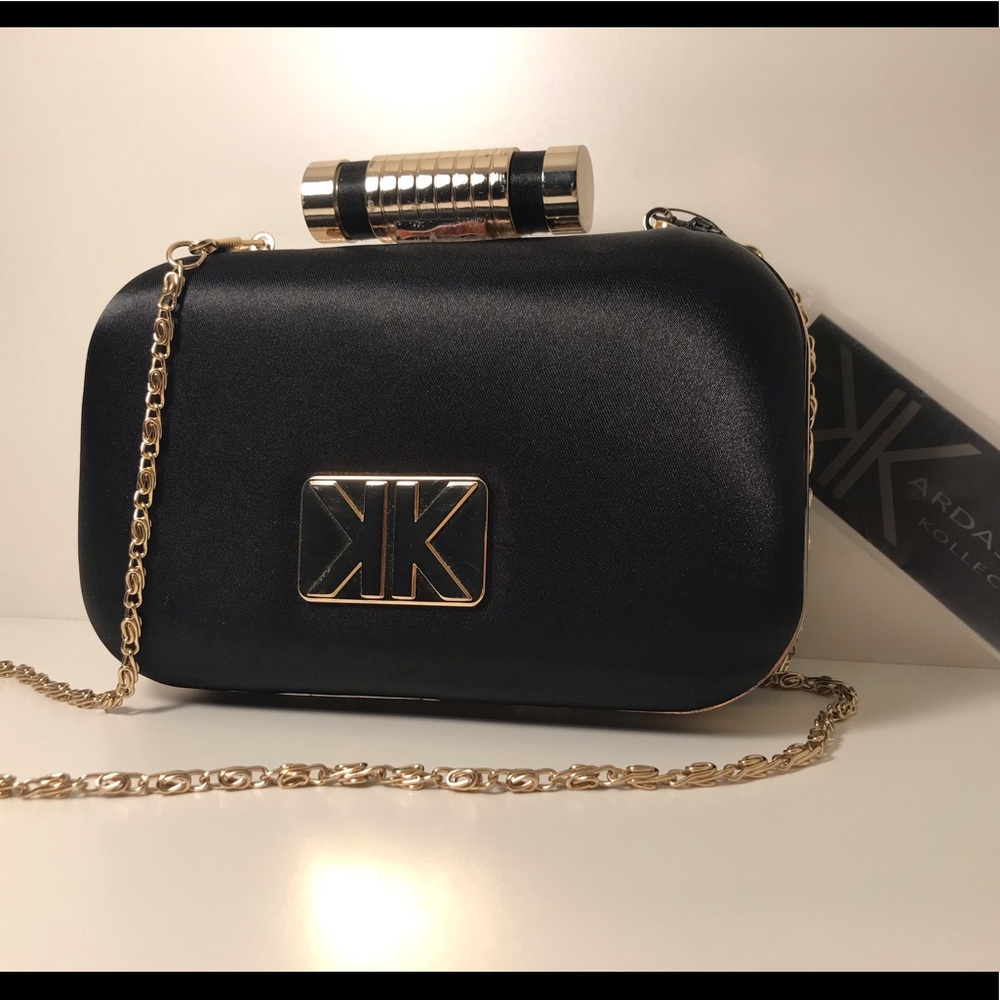KARDASHIAN BLACK SATIN AND GOLD PURSE